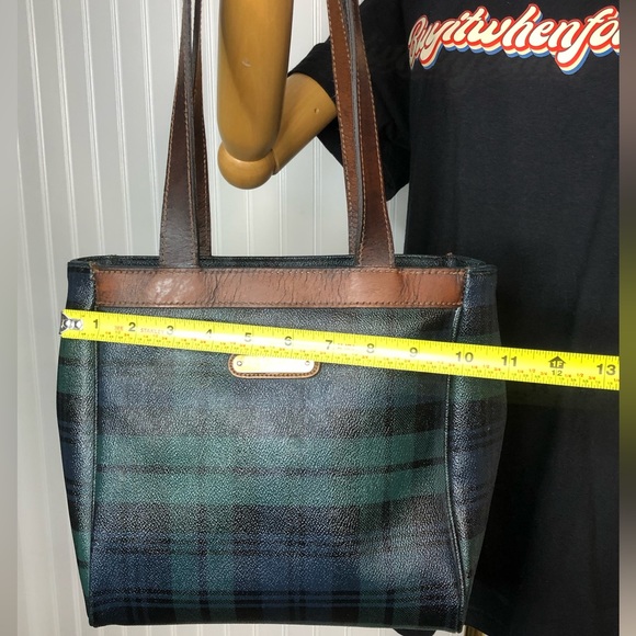 W RALPH LAUREN Black Watch Plaid Coated Canvas & Leather Shoulder Tote Bag - Picture 12 of 17